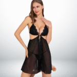 Nuisette noire en dentelle transparente de Linjury "Éclat Nocturne" avec bonnets triangle et ouverture frontale.