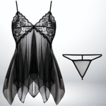 Nuisette noire en dentelle transparente de Linjury "Lueur Mystérieuse" avec bonnets triangle et ouverture frontale.