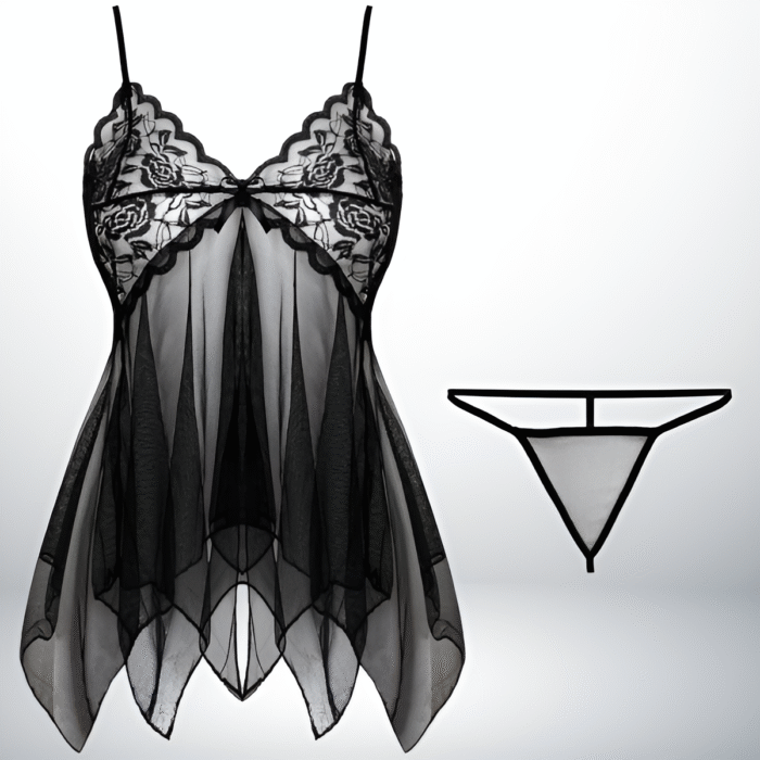 Nuisette noire en dentelle transparente de Linjury "Lueur Mystérieuse" avec bonnets triangle et ouverture frontale.