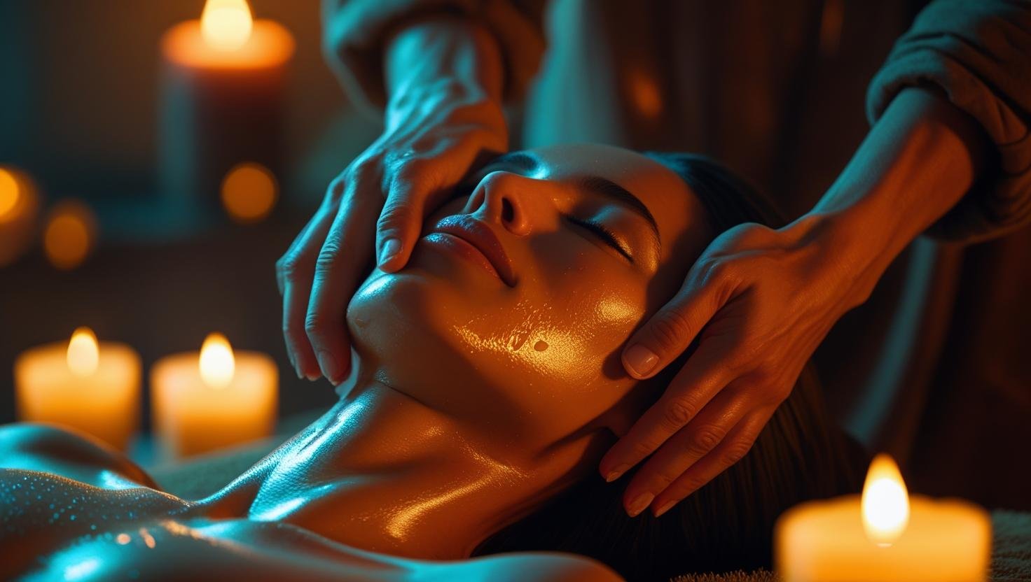 Femme avec huile scintillante sur peau dorée